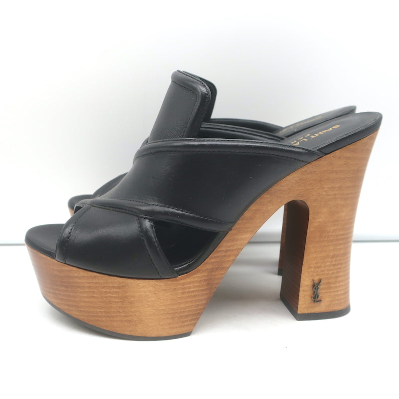 Saint Laurent Crisscross Platform Clog Sandals Black Leather Size 37