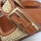 Fendi raffia slide sandals in natural beige with brown leather trim, authentic pre-owned luxury, size 39