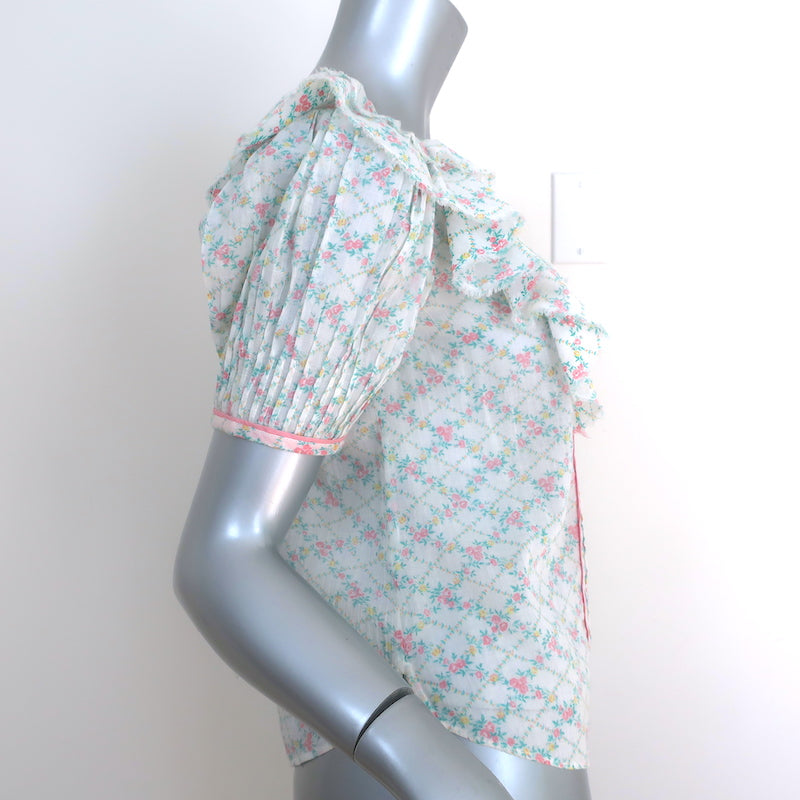LoveShackFancy Button Down Ruffle Top White Floral Print Cotton Size Extra Small