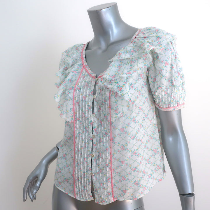 LoveShackFancy Button Down Ruffle Top White Floral Print Cotton Size Extra Small