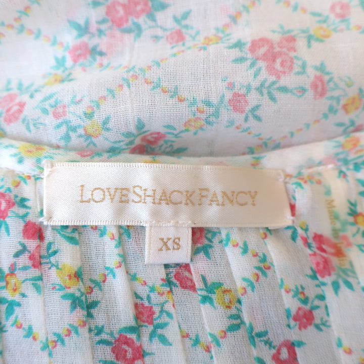 LoveShackFancy Button Down Ruffle Top White Floral Print Cotton Size Extra Small