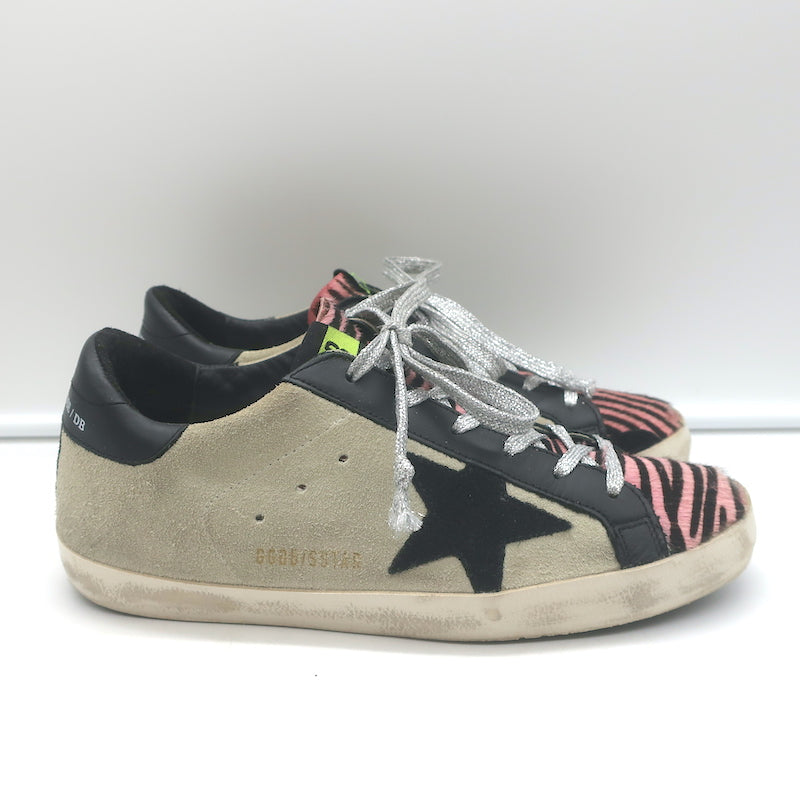 Golden Goose Superstar Sneakers Pink Zebra Print Pony Hair &amp; Taupe Suede Size 38