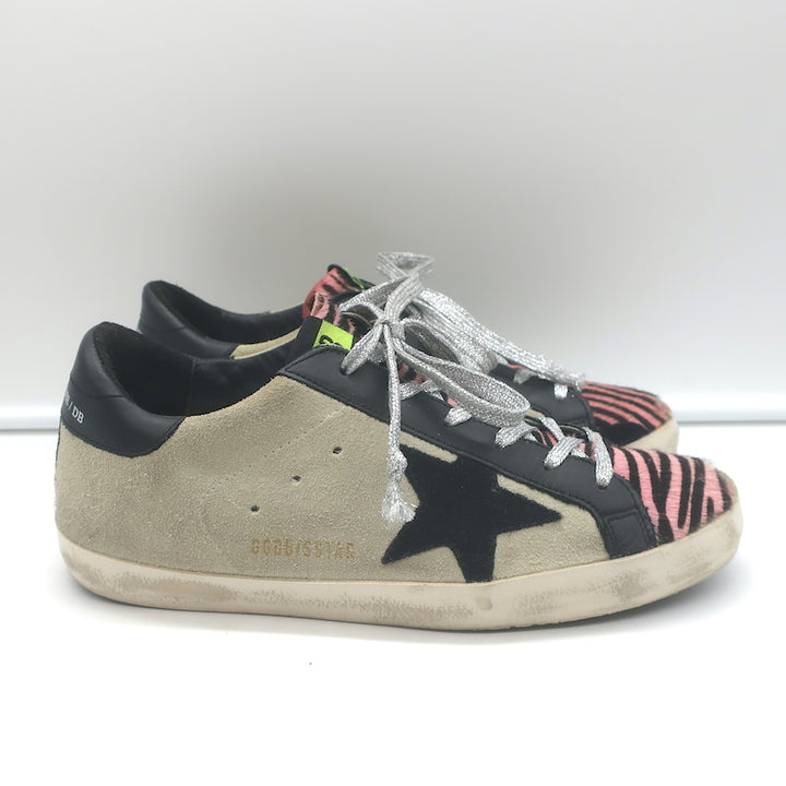 Golden Goose Superstar Sneakers Pink Zebra Print Pony Hair &amp; Taupe Suede Size 38