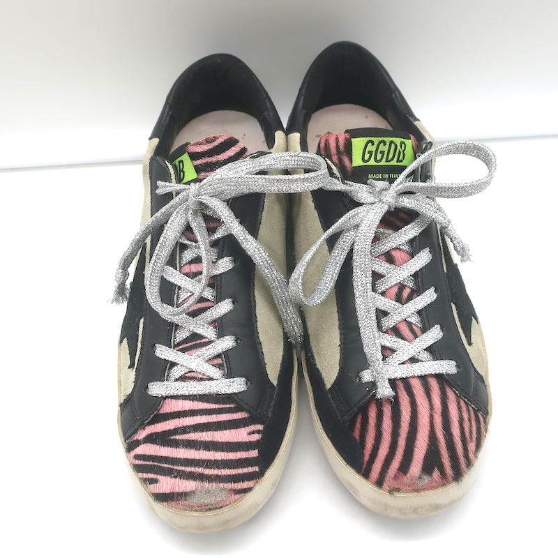 Golden Goose Superstar Sneakers Pink Zebra Print Pony Hair &amp; Taupe Suede Size 38