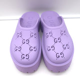 Authentic Gucci Elea perforated GG platform mules in lavender rubber, pre-owned with light storage wear