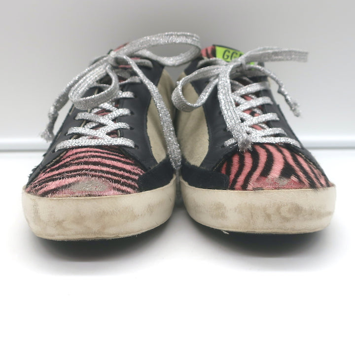 Golden Goose Superstar Sneakers Pink Zebra Print Pony Hair &amp; Taupe Suede Size 38