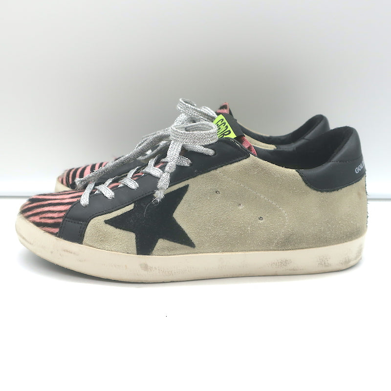 Golden Goose Superstar Sneakers Pink Zebra Print Pony Hair &amp; Taupe Suede Size 38