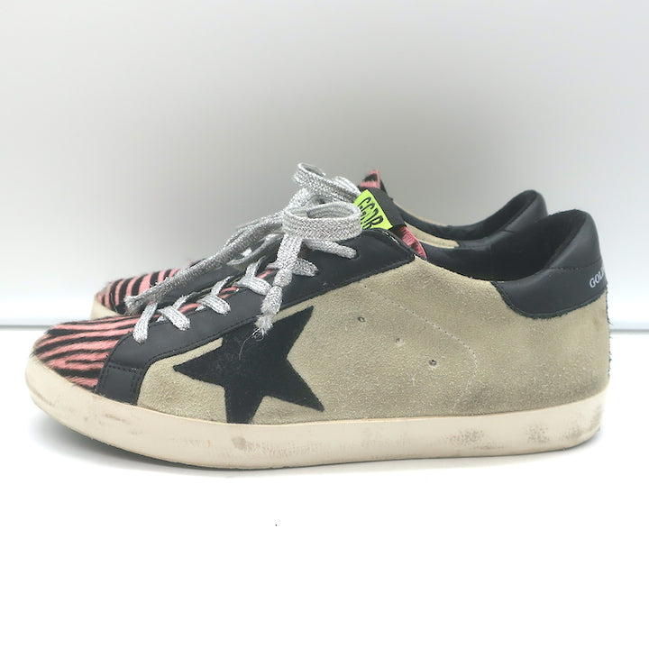 Golden Goose Superstar Sneakers Pink Zebra Print Pony Hair &amp; Taupe Suede Size 38