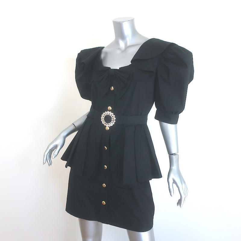 Alessandra Rich Bow-Detailed Crystal Buckle Peplum Mini Dress Black Size 44