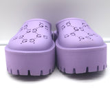 Gucci Elea perforated GG platform mules in lavender rubber, pre-owned (worn once), authentic luxury, size 38.