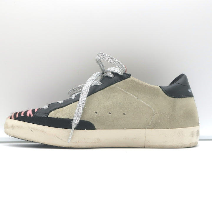 Golden Goose Superstar Sneakers Pink Zebra Print Pony Hair &amp; Taupe Suede Size 38