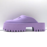 Gucci Elea perforated GG platform mules in lavender rubber, authentic pre-owned luxury heels, gently worn
