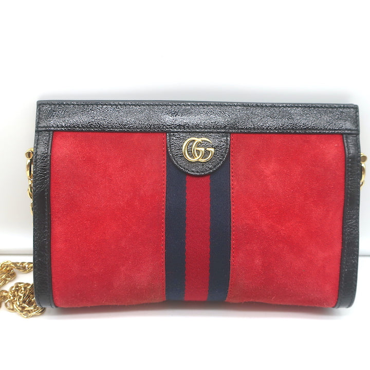 Gucci Ophidia Small Chain Strap Shoulder Bag Red Suede &amp; Black Patent Leather
