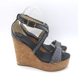 Jimmy Choo Portia Cork Platform Wedge Sandals Navy Woven Raffia Size 37.5