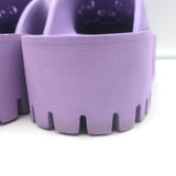 Gucci Elea perforated GG platform mules in lavender rubber, pre-owned and worn once, authentic luxury heels