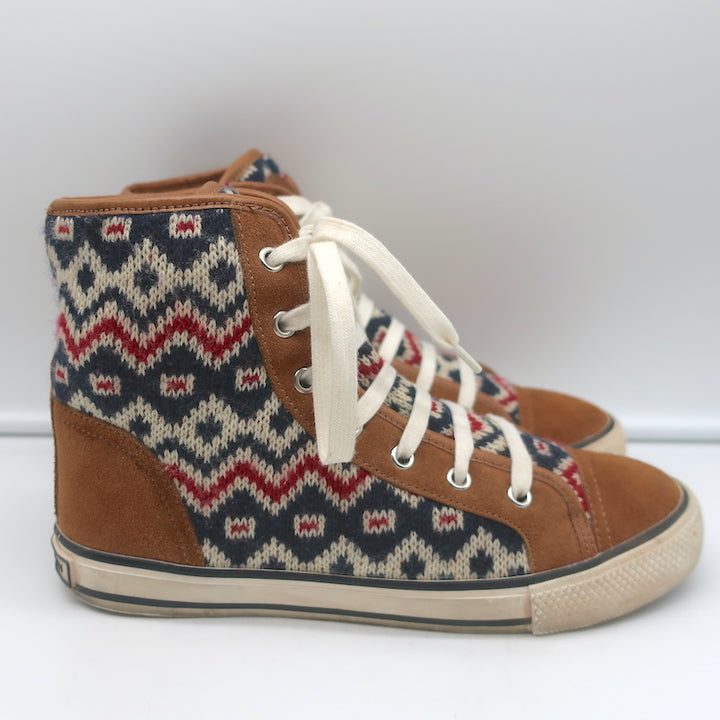 Tory Burch Noah Fair Isle Knit High Top Sneakers Brown Suede Size 8