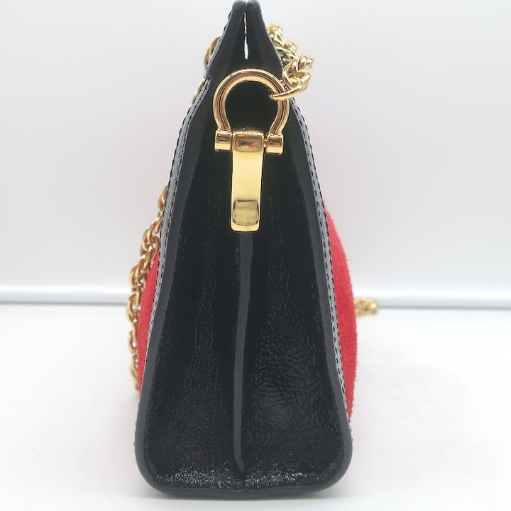 Gucci Ophidia Small Chain Strap Shoulder Bag Red Suede &amp; Black Patent Leather