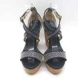 Jimmy Choo Portia Cork Platform Wedge Sandals Navy Woven Raffia Size 37.5