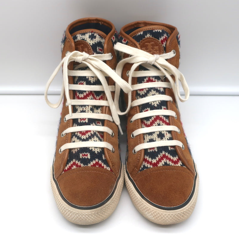 Tory Burch Noah Fair Isle Knit High Top Sneakers Brown Suede Size 8