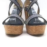Jimmy Choo Portia Cork Platform Wedge Sandals Navy Woven Raffia Size 37.5