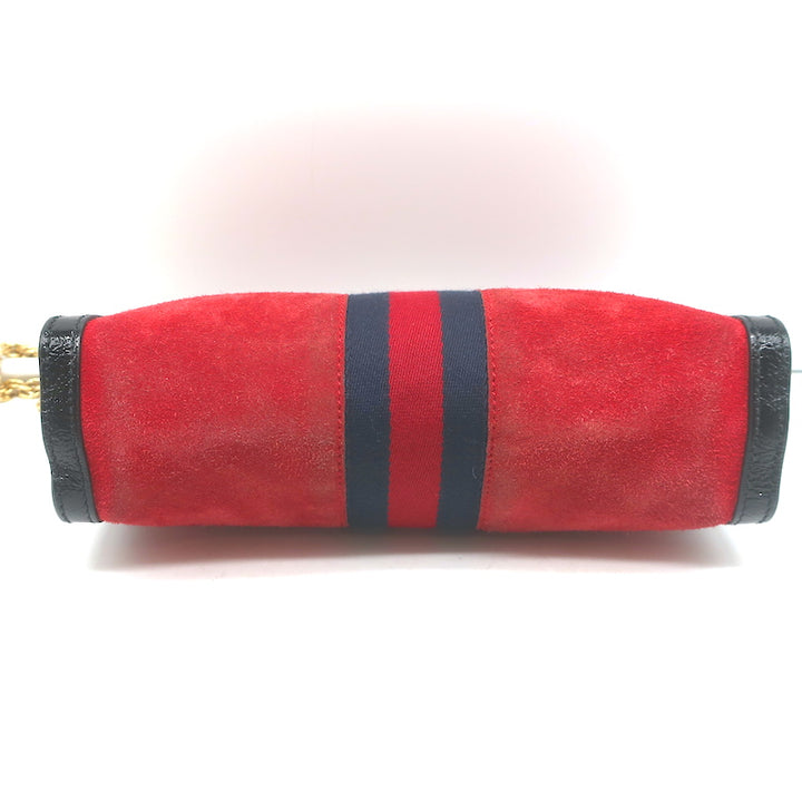 Gucci Ophidia Small Chain Strap Shoulder Bag Red Suede &amp; Black Patent Leather