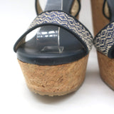 Jimmy Choo Portia Cork Platform Wedge Sandals Navy Woven Raffia Size 37.5