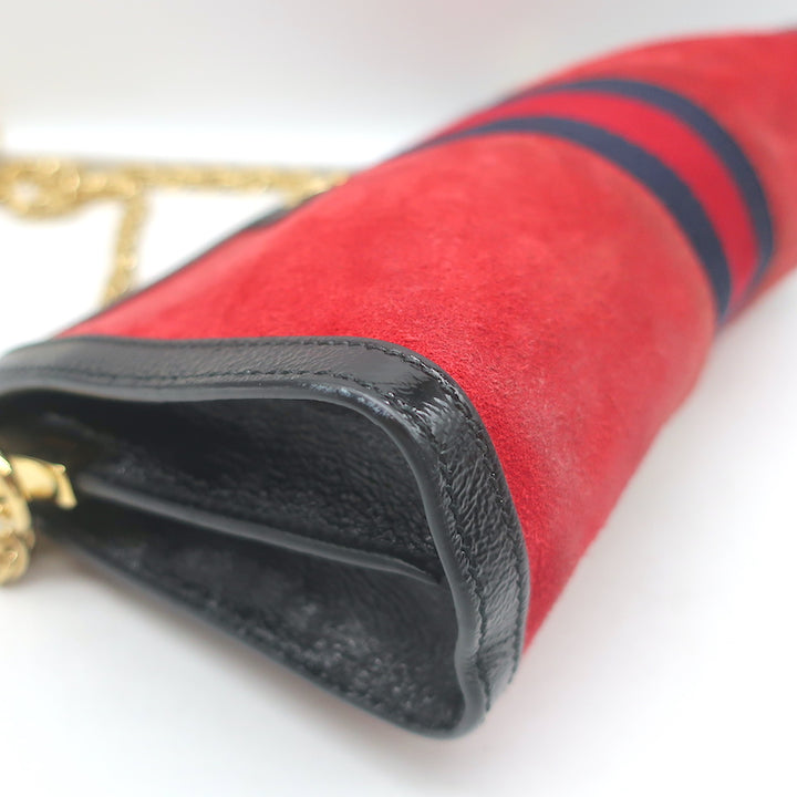Gucci Ophidia Small Chain Strap Shoulder Bag Red Suede &amp; Black Patent Leather