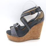 Jimmy Choo Portia Cork Platform Wedge Sandals Navy Woven Raffia Size 37.5
