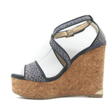 Jimmy Choo Portia Cork Platform Wedge Sandals Navy Woven Raffia Size 37.5