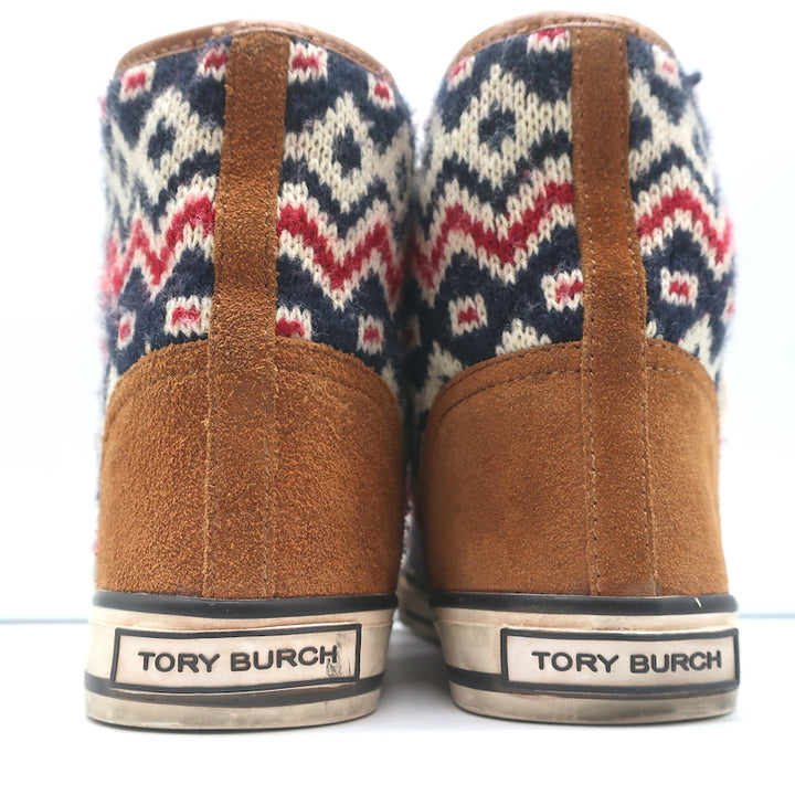 Tory Burch Noah Fair Isle Knit High Top Sneakers Brown Suede Size 8