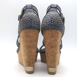 Jimmy Choo Portia Cork Platform Wedge Sandals Navy Woven Raffia Size 37.5