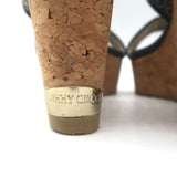 Jimmy Choo Portia Cork Platform Wedge Sandals Navy Woven Raffia Size 37.5