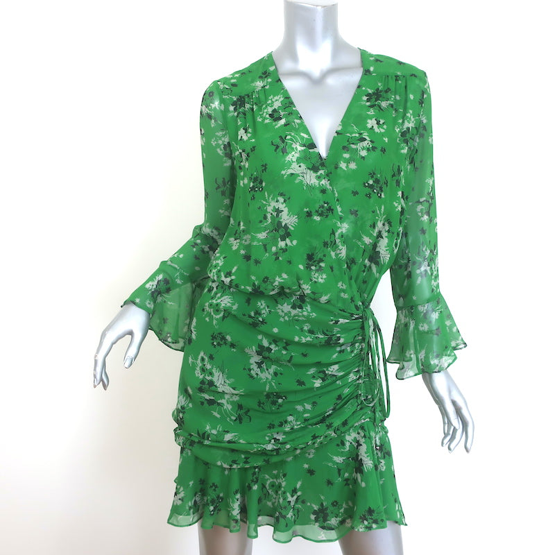 Veronica Beard Sean Ruched Mini Dress Green Floral Print Silk Chiffon Size 4 Veronica Beard Sean Ruched Mini Dress Green Floral Print Silk Chiffon Size 4