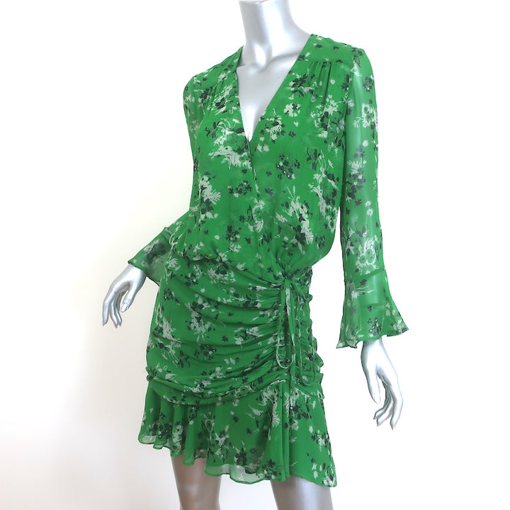 Veronica Beard Sean Ruched Mini Dress Green Floral Print Silk Chiffon Size 4