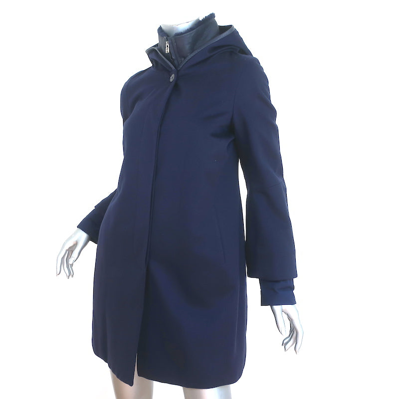 Loro Piana Cashmere Storm System Jacket Navy Size 40 Leather-Trim Hooded Coat