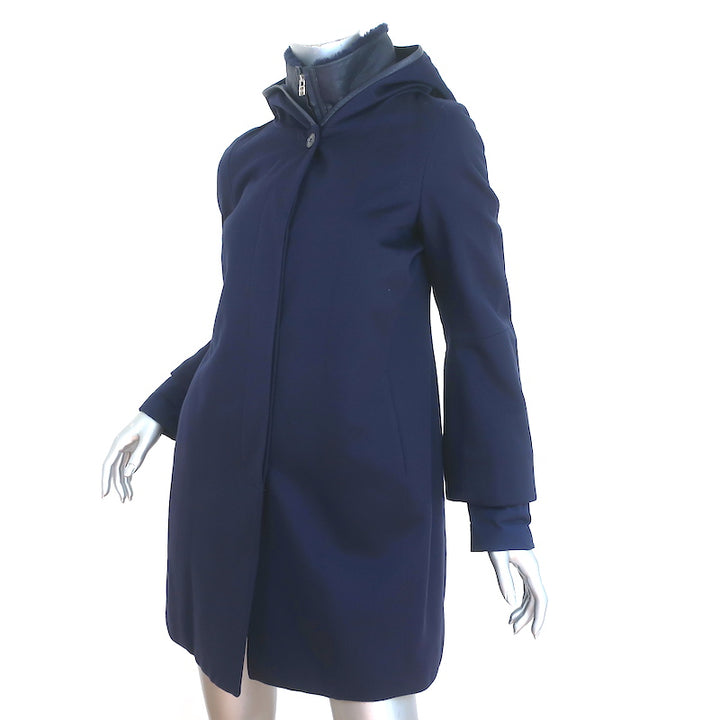 Loro Piana Cashmere Storm System Jacket Navy Size 40 Leather-Trim Hooded Coat