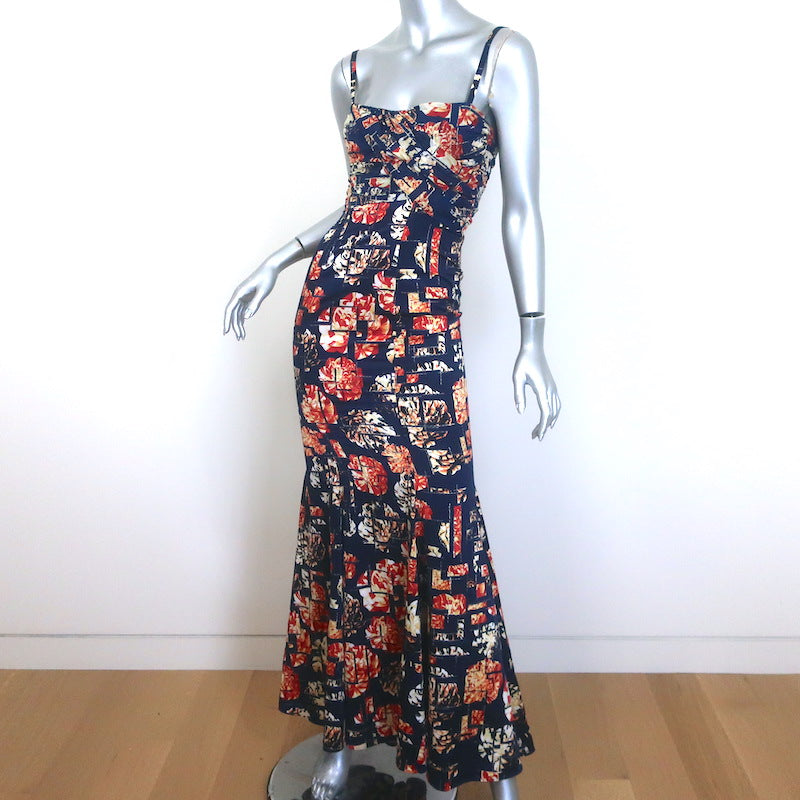 Just Cavalli Spaghetti Strap Gown Navy Metallic Floral Print Satin Size 38