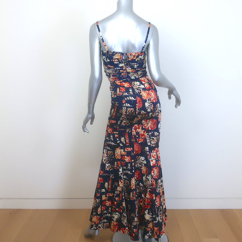 Just Cavalli Spaghetti Strap Gown Navy Metallic Floral Print Satin Size 38