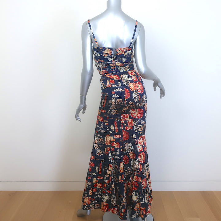 Just Cavalli Spaghetti Strap Gown Navy Metallic Floral Print Satin Size 38