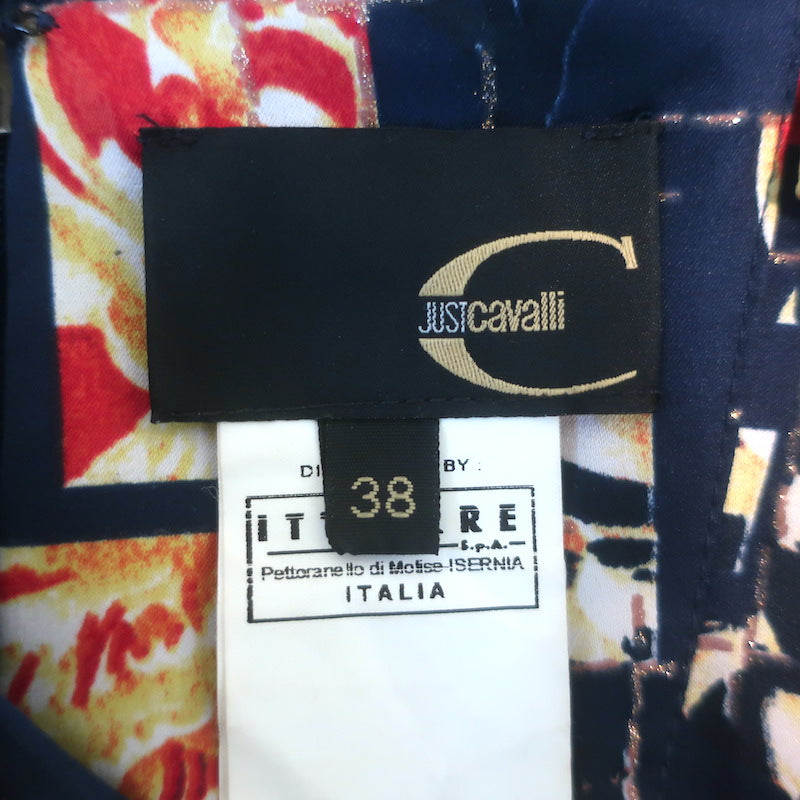 Just Cavalli Spaghetti Strap Gown Navy Metallic Floral Print Satin Size 38