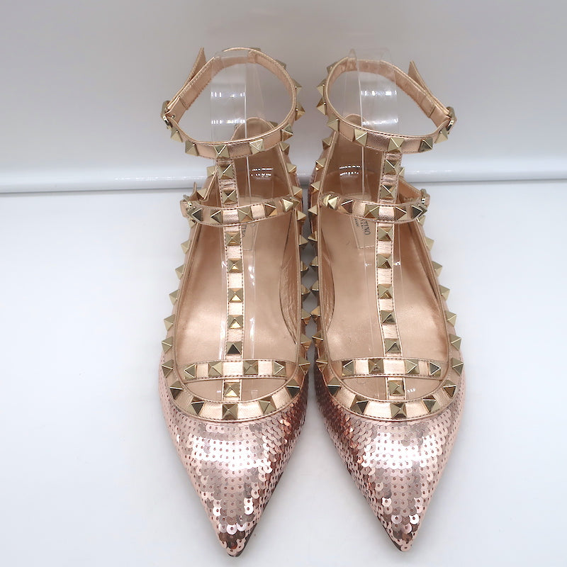 Valentino Sequin Rockstud Caged Ballet Flats Metallic Rose Gold Size 39 NEW