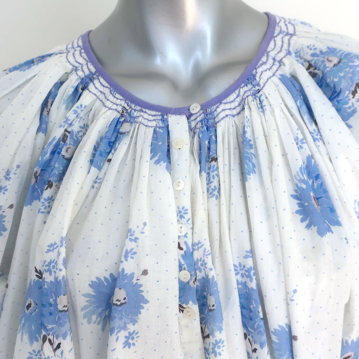 LoveShackFancy Tunic Mini Dress Este White/Blue Floral Print Cotton Extra Small