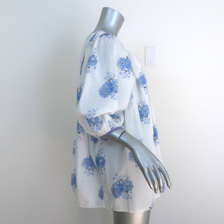 LoveShackFancy Tunic Mini Dress Este White/Blue Floral Print Cotton Extra Small