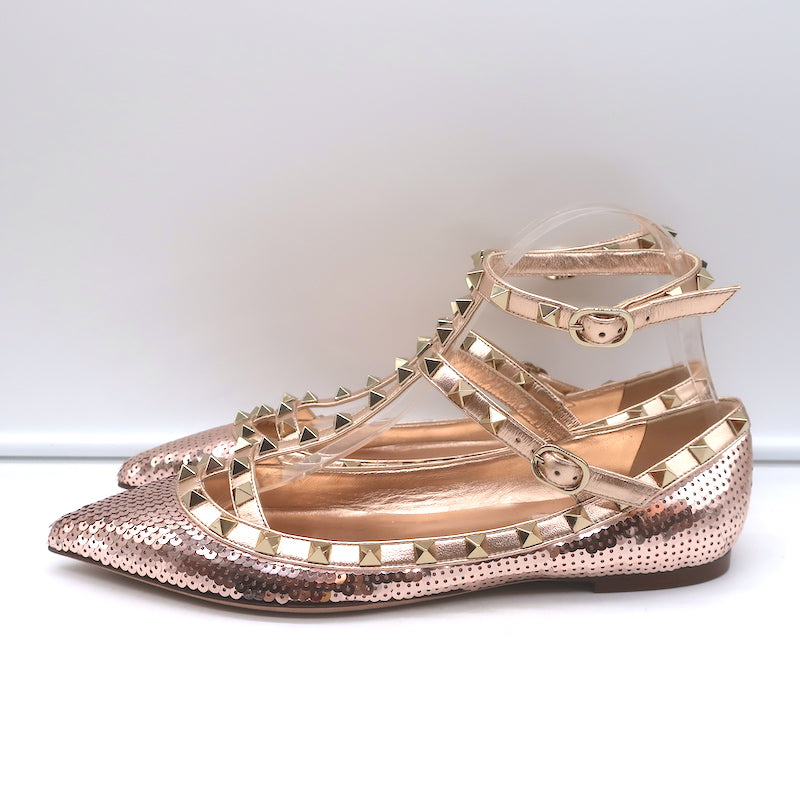 Valentino Sequin Rockstud Caged Ballet Flats Metallic Rose Gold Size 39 NEW