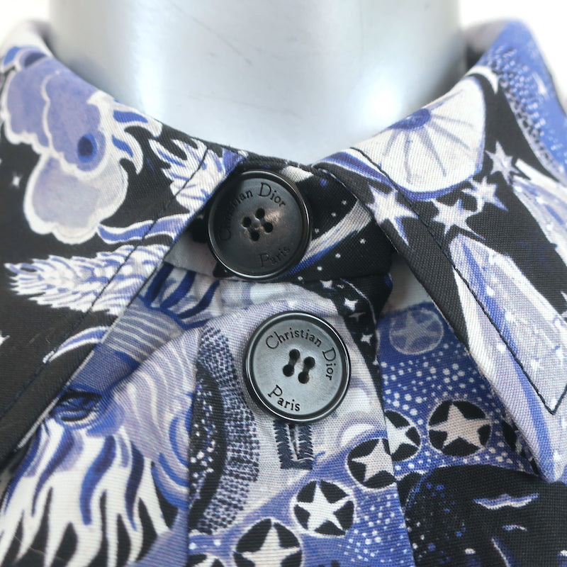 Christian Dior Belted Shirtdress Blue Celestial Print Cotton Size US 6