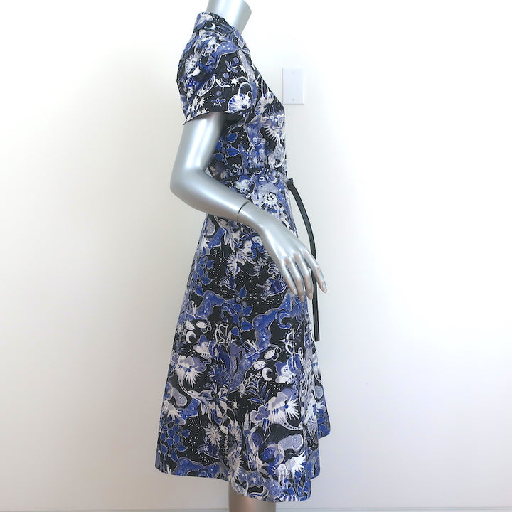 Christian Dior Belted Shirtdress Blue Celestial Print Cotton Size US 6