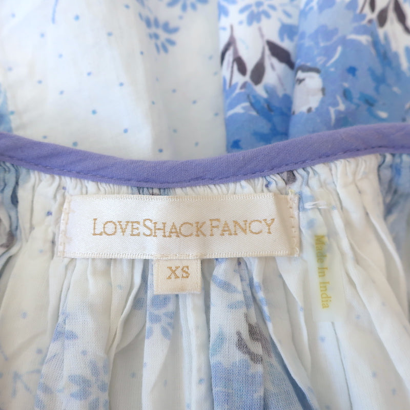 LoveShackFancy Tunic Mini Dress Este White/Blue Floral Print Cotton Extra Small
