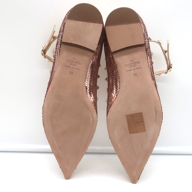 Valentino Sequin Rockstud Caged Ballet Flats Metallic Rose Gold Size 39 NEW