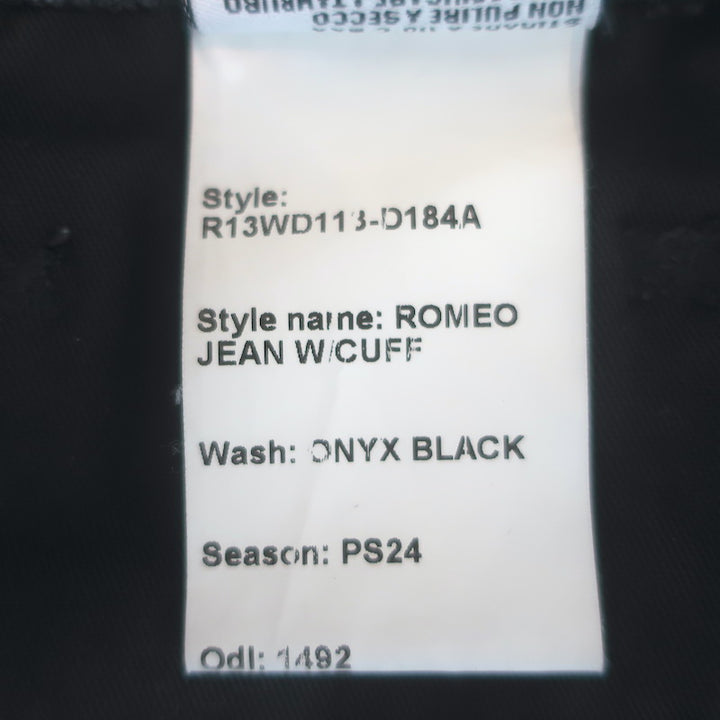 R13 Romeo Slim Leg Jeans Onyx Black Cotton Size 25