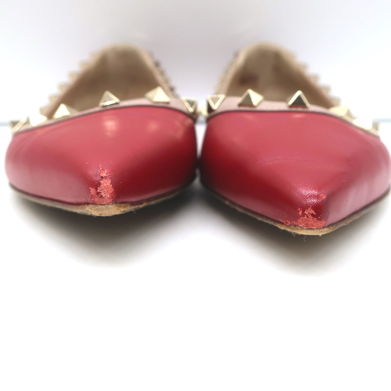 Valentino Rockstud Pointed Toe Ballet Flats Red Leather Size 39.5